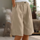 Women's Solid Linen Bermuda Shorts – Elastic Waist Wide Leg Casual Summer