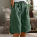 Women's Solid Linen Bermuda Shorts – Elastic Waist Wide Leg Casual Summer