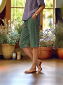 Women's Solid Linen Capri Shorts – Elastic Waist Side Pockets Knee Length
