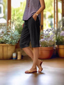 Women's Solid Linen Capri Shorts – Elastic Waist Side Pockets Knee Length