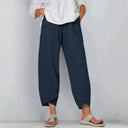 Women's Solid Linen Cropped Pants – Elastic Waist Asymmetric Hem Casual Pants