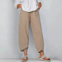 Women's Solid Linen Cropped Pants – Elastic Waist Asymmetric Hem Casual Pants