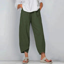 Women's Solid Linen Cropped Pants – Elastic Waist Asymmetric Hem Casual Pants