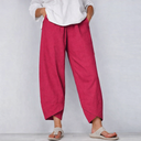 Women's Solid Linen Cropped Pants – Elastic Waist Asymmetric Hem Casual Pants