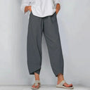 Women's Solid Linen Cropped Pants – Elastic Waist Asymmetric Hem Casual Pants