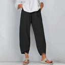 Women's Solid Linen Cropped Pants – Elastic Waist Asymmetric Hem Casual Pants