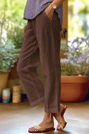 Women's Solid Linen Cropped Trousers – Tapered Leg Cuffed Hem Summer Pants