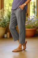 Women's Solid Linen Cropped Trousers – Tapered Leg Cuffed Hem Summer Pants