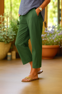 Women's Solid Linen Cropped Trousers – Tapered Leg Cuffed Hem Summer Pants
