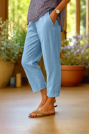 Women's Solid Linen Cropped Trousers – Tapered Leg Cuffed Hem Summer Pants