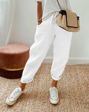 Women's Solid Linen Jogger Pants – Drawstring Waist Tapered Casual Trousers