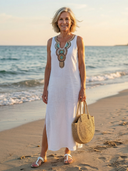 Women's Solid Linen Maxi – Embroidered Neckline Sleeveless Split Hem Beach Summer Dress