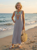 Women's Solid Linen Maxi – Embroidered Neckline Sleeveless Split Hem Beach Summer Dress
