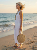 Women's Solid Linen Maxi – Embroidered Neckline Sleeveless Split Hem Beach Summer Dress
