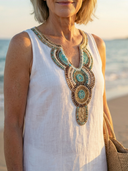 Women's Solid Linen Maxi – Embroidered Neckline Sleeveless Split Hem Beach Summer Dress