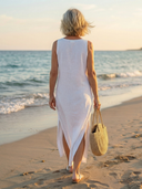 Women's Solid Linen Maxi – Embroidered Neckline Sleeveless Split Hem Beach Summer Dress