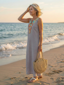 Women's Solid Linen Maxi – Embroidered Neckline Sleeveless Split Hem Beach Summer Dress