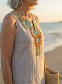 Women's Solid Linen Maxi – Embroidered Neckline Sleeveless Split Hem Beach Summer Dress