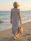 Women's Solid Linen Maxi – Embroidered Neckline Sleeveless Split Hem Beach Summer Dress