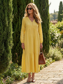 Women's Solid Linen Maxi – V Neck Long Sleeve Button Tiered Hem Casual Day Dress