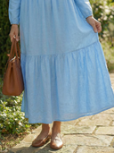 Women's Solid Linen Maxi – V Neck Long Sleeve Button Tiered Hem Casual Day Dress