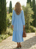 Women's Solid Linen Maxi – V Neck Long Sleeve Button Tiered Hem Casual Day Dress