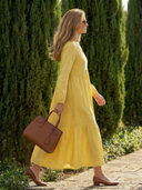 Women's Solid Linen Maxi – V Neck Long Sleeve Button Tiered Hem Casual Day Dress