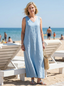 Women's Solid Linen Maxi – V Neck Sleeveless Column Hem Relaxed Beach Summer Dress