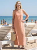 Women's Solid Linen Maxi – V Neck Sleeveless Column Hem Relaxed Beach Summer Dress