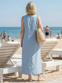 Women's Solid Linen Maxi – V Neck Sleeveless Column Hem Relaxed Beach Summer Dress
