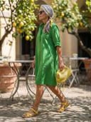 Women's Solid Linen Mini – Half Zip Collar 3/4 Sleeve Relaxed A-Line Casual Day Dress