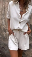 Women's Solid Linen Shirt and Shorts Set – Button Down Matching 2 Piece Set