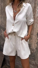Women's Solid Linen Shirt and Shorts Set – Button Down Matching 2 Piece Set