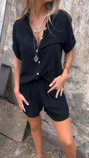 Women's Solid Linen Shirt and Shorts Set – Button Down Matching 2 Piece Set
