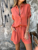Women's Solid Linen Shirt and Shorts Set – Button Down Matching 2 Piece Set