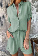 Women's Solid Linen Shirt and Shorts Set – Button Down Matching 2 Piece Set