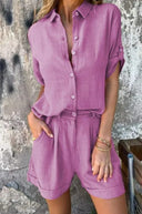 Women's Solid Linen Shirt and Shorts Set – Button Down Matching 2 Piece Set