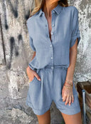 Women's Solid Linen Shirt and Shorts Set – Button Down Matching 2 Piece Set