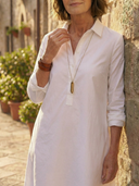 Women's Solid Linen Shirt Dress – Collared Roll Sleeve Half Button Placket A-Line Knee Length