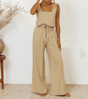 Women's Solid Linen Square Neck Two-Piece Set – Sleeveless Tank Wide-Leg Pants