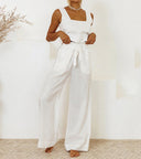 Women's Solid Linen Square Neck Two-Piece Set – Sleeveless Tank Wide-Leg Pants