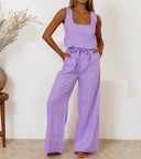 Women's Solid Linen Square Neck Two-Piece Set – Sleeveless Tank Wide-Leg Pants
