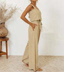 Women's Solid Linen Square Neck Two-Piece Set – Sleeveless Tank Wide-Leg Pants