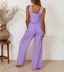 Women's Solid Linen Square Neck Two-Piece Set – Sleeveless Tank Wide-Leg Pants