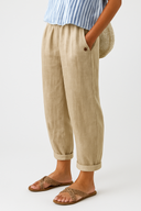 Women's Solid Linen Tapered Pants – Elastic Waist Side Pockets Cuffed Hem