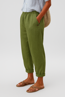 Women's Solid Linen Tapered Pants – Elastic Waist Side Pockets Cuffed Hem