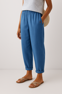 Women's Solid Linen Tapered Pants – Elastic Waist Side Pockets Cuffed Hem