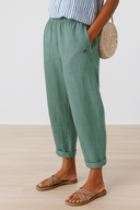 Women's Solid Linen Tapered Pants – Elastic Waist Side Pockets Cuffed Hem
