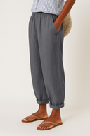 Women's Solid Linen Tapered Pants – Elastic Waist Side Pockets Cuffed Hem