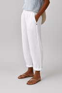 Women's Solid Linen Tapered Pants – Elastic Waist Side Pockets Cuffed Hem